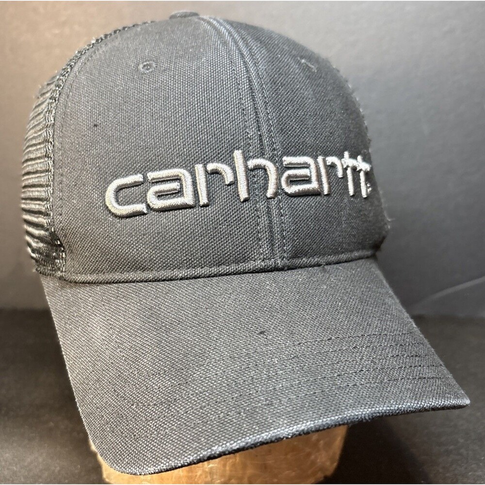 Carhartt Mesh Back Trucker Hat Black  w/ Gray Spell-out Logo  Snapback Cap Clean